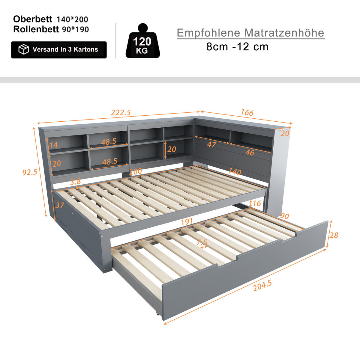 SCHLAFSOFA 140/200 cm mit Ausziehbett 90/190 cm, USB-Anschluss und Stauraum, Grau - Grau, Holzwerkstoff (166/92.5/222.5cm) - Redom