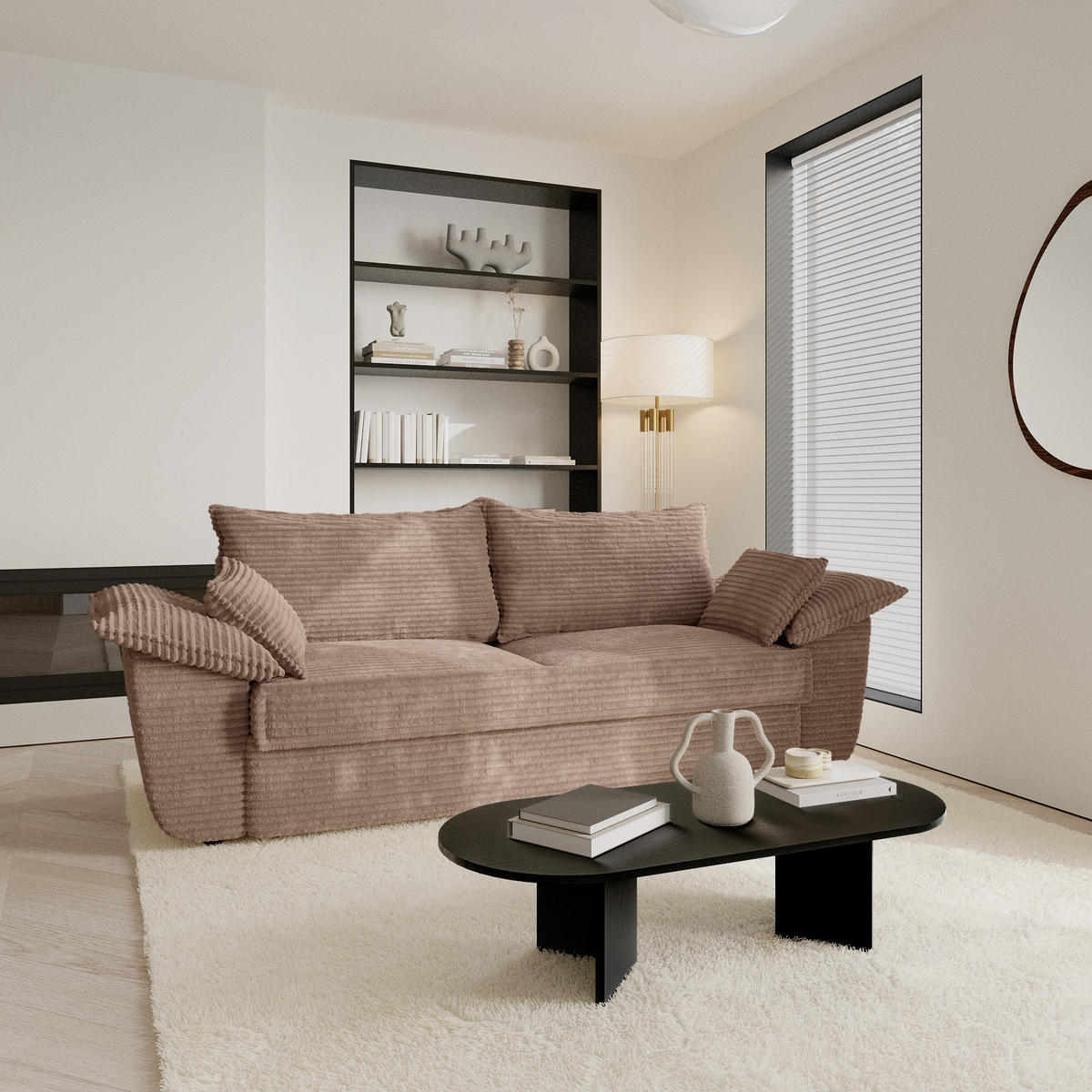 SOFA 3-Sitzer Gerippter Samt XXL Taupe 232cm - Taupe, Textil (232/92/102cm) - Sia Home