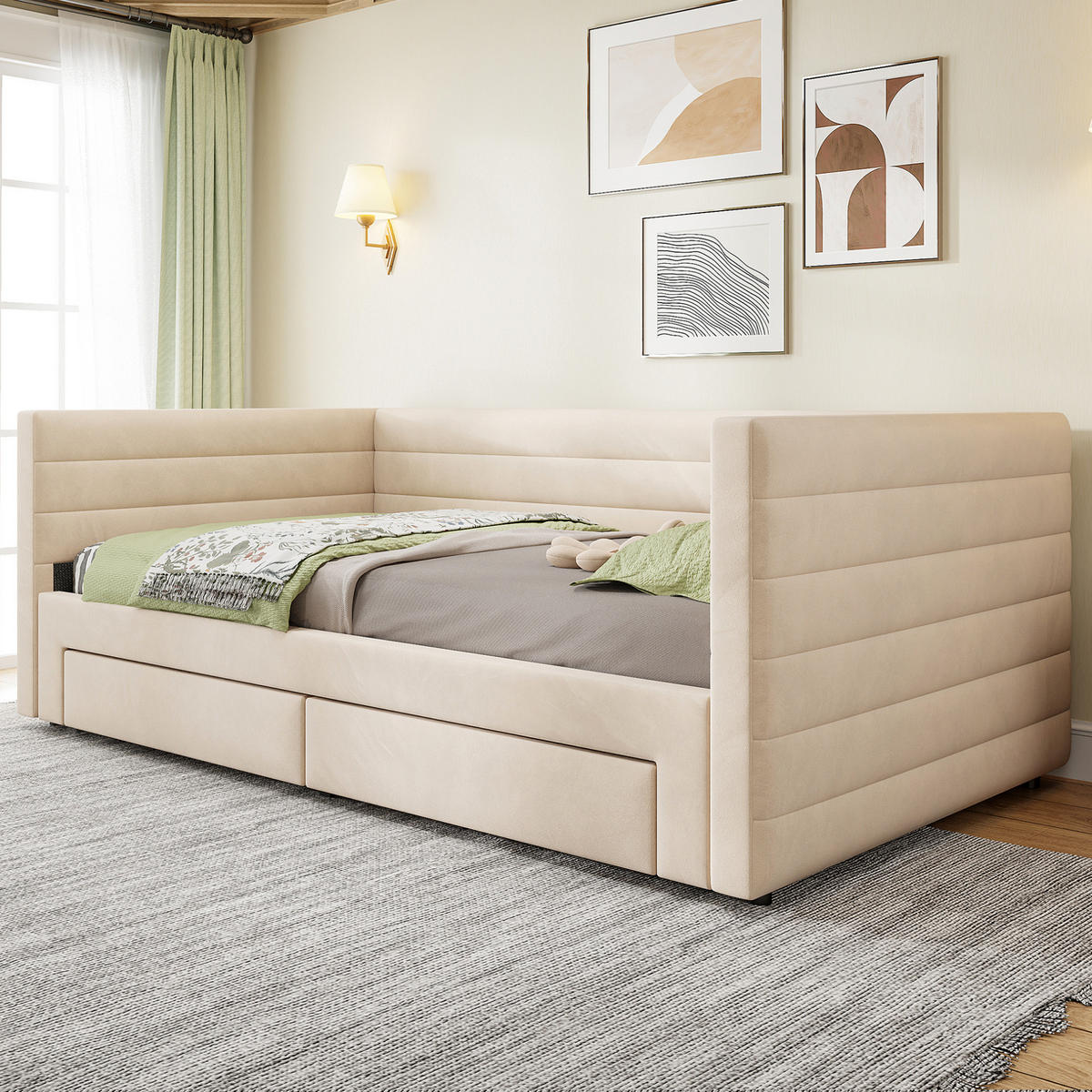 POLSTERBETT 90/190 cm ausziehbar zum Doppelbett mit 2 Schubladen und Lattenrost, Beige - Beige, Textil (90/190cm) - Redom