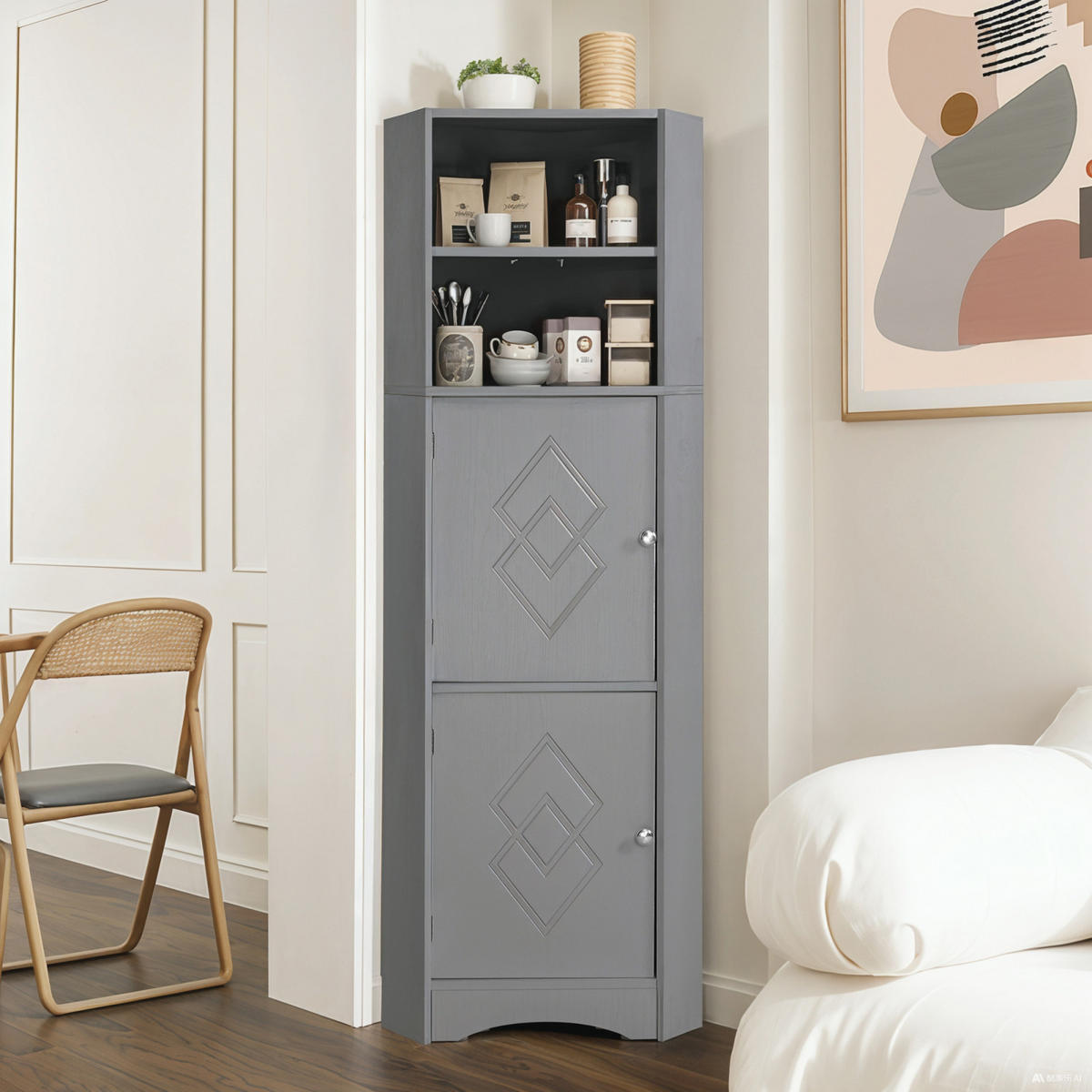 HOCHSCHRANK ,Badschrank Grau mit Türen offenen Fächern - Grau, Holz (36/155/36cm) - PARAFTA HOME
