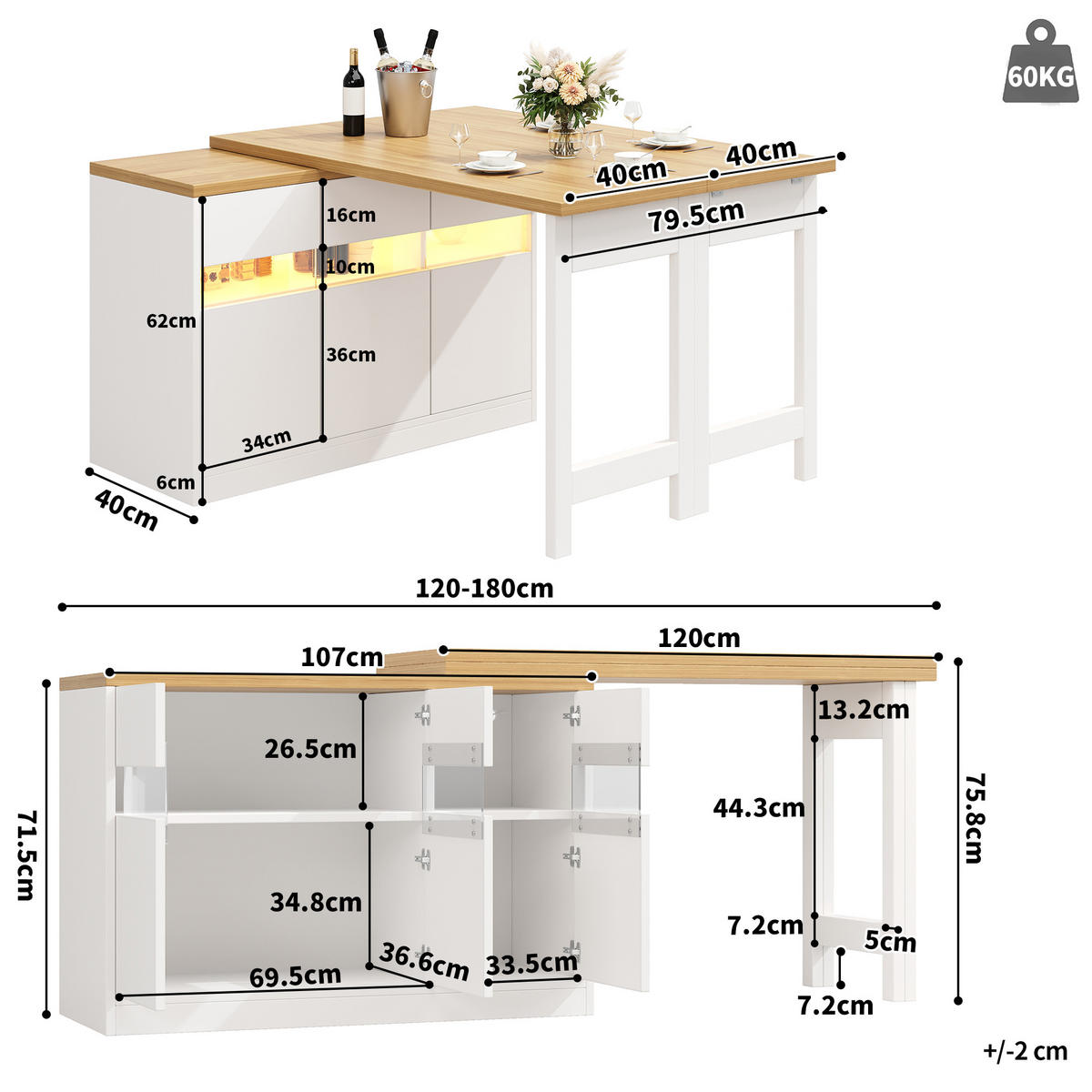 BAROVÝ PULT OTOČNÝ 360° 120-180cm LED ÚLOŽNÝ PROSTOR BÍLÝ - bílá, kompozitní dřevo (40/120/75.8cm) - FLIEKS