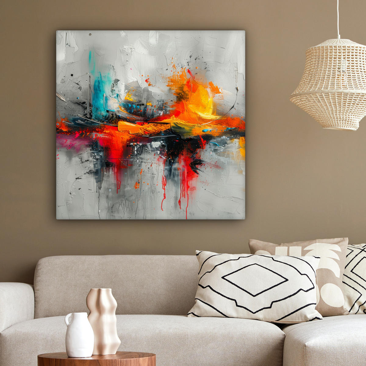 LEINWANDBILD Moderne Kunst - Orange - Grau - Abstrakt 90x90 cm - Hellgrau, Textil (90/90cm) - MuchoWow