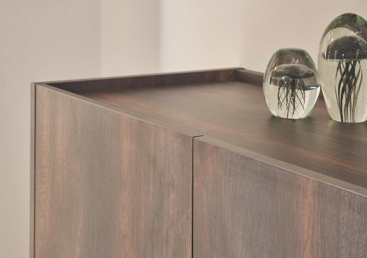 WOHNWAND Thermo Eiche, grau, Wohnkombination 3-teilig 327 cm mit Soft-Close - Eichefarben/Grau, Holzwerkstoff/Metall (327/130/45cm) - Furn.Design