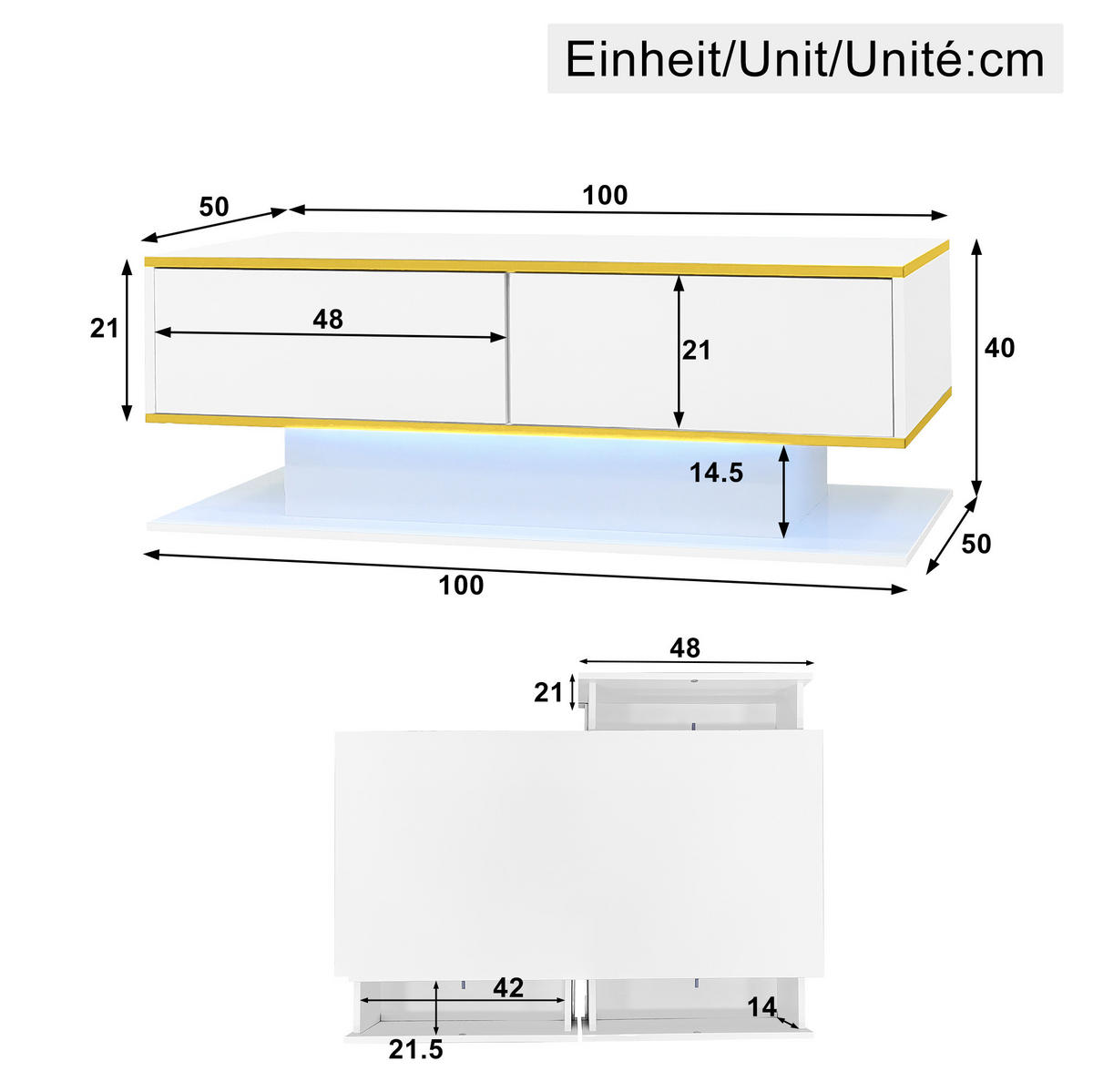 COUCHTISCH 100/50/40 cm Weiß Hochglanz aus Spanplatte mit LED-Lichtstreifen und 3 Schubladen - Weiß, Holzwerkstoff (100/50/40cm) - OKMYHOME