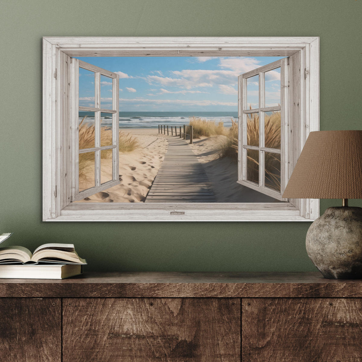 AKUSTIKBILD Fenster - Meer - Küste - Natur - Ausblick - Strand - Wattenmeer Wanddeko 70x50 cm - Beige, Kunststoff (70/50/0.9cm) - MuchoWow