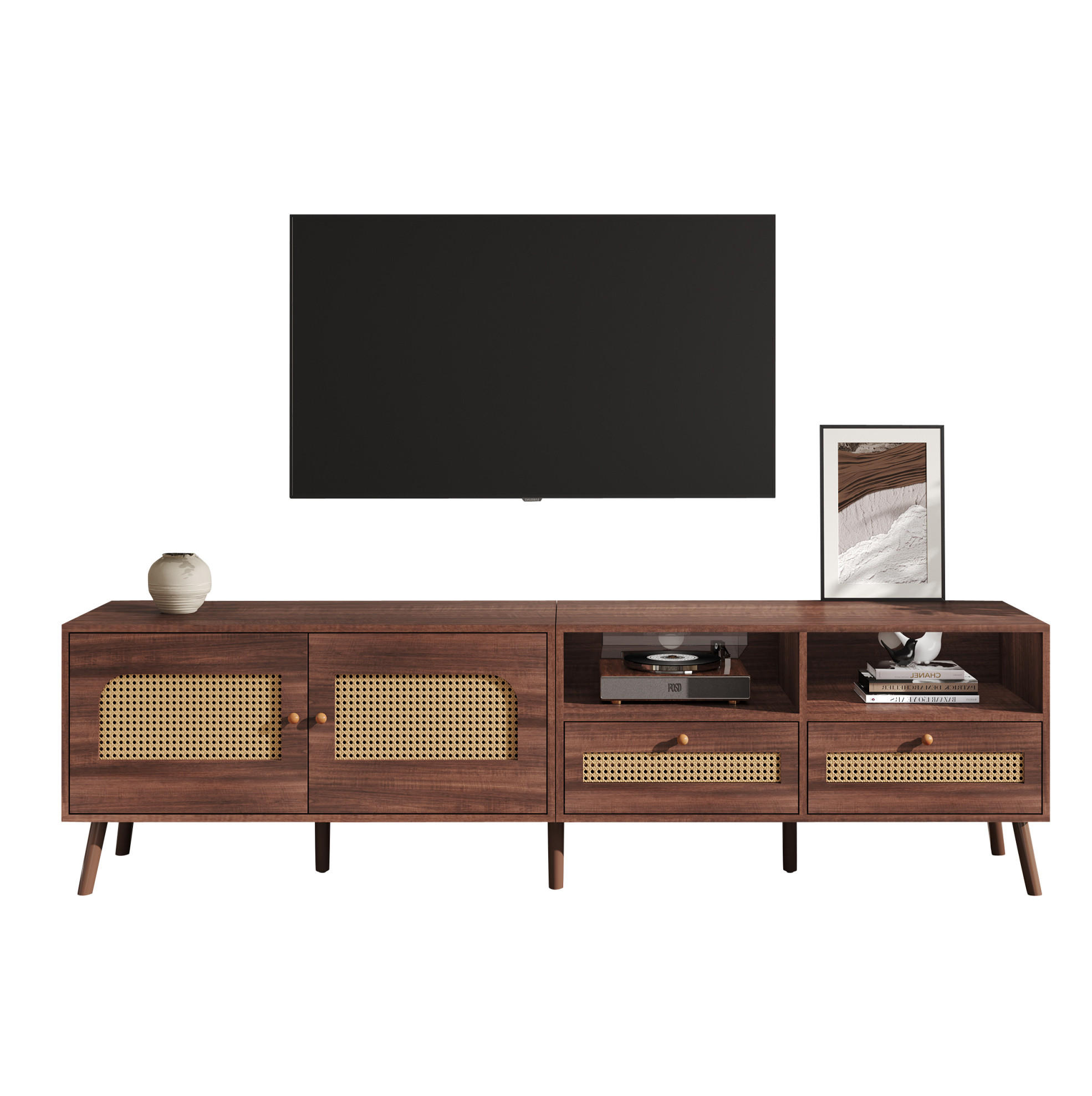 TV stolík 200/37/49,5 cm tmavohnedý z drevotriesky s ratanovými dvierkami a 2 zásuvkami - hnedá, kompozitné drevo (200/49.5/37cm) - OKWISH