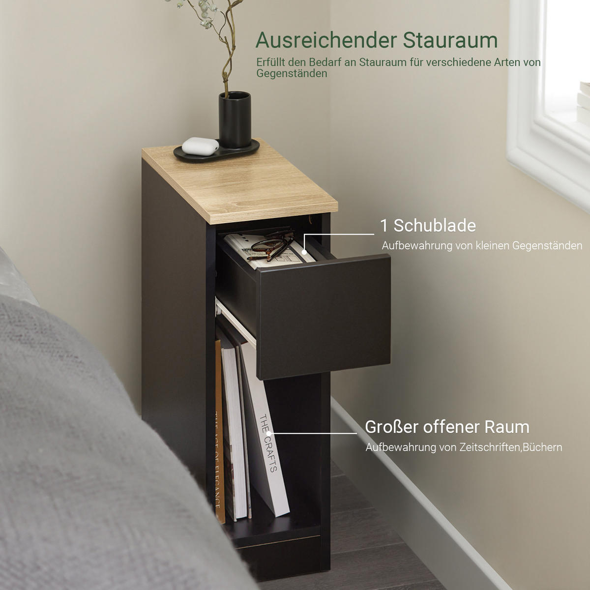 NACHTTISCH 2er Set, Schwarz, 20x60x35cm - Schwarz, Holzwerkstoff (20/60/35cm) - SoBuy