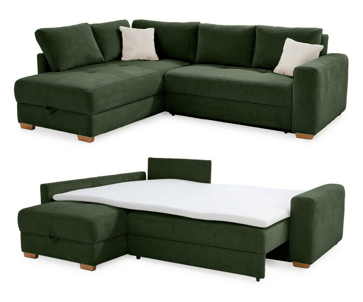 ECKSOFA-DAUERSCHLÄFER Boxspring Federkern Topper Bettkasten, seitenverkehrt montierbar B257/T206/H85 cm, Cord Grün / 15213 - Eichefarben/Grün, Holz/Textil (257/206cm) - luma-home