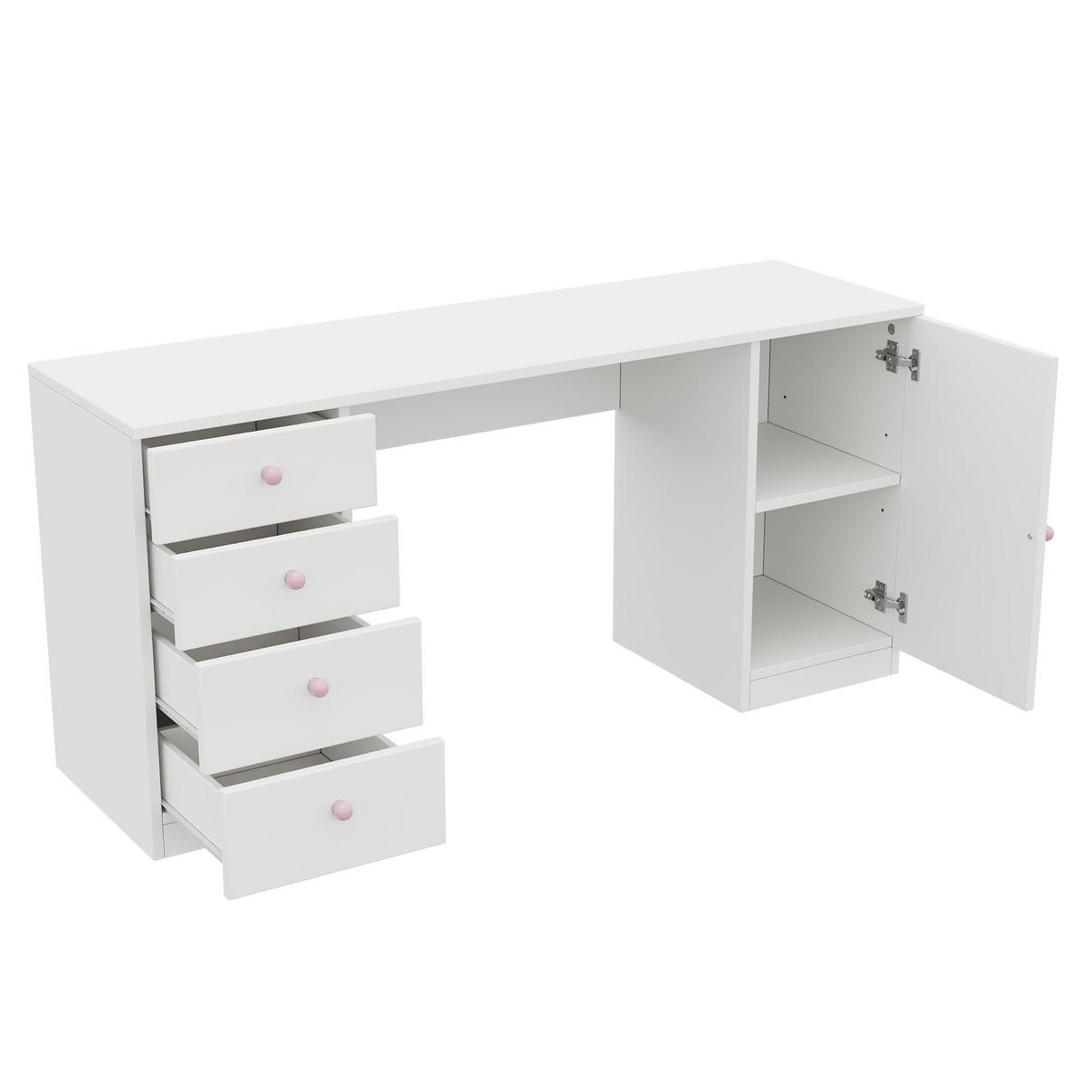 RADNI STOL 155/45/75 cm s 4 ladice, policom i keramičkim ručkama u bijeloj boji - bijela/prirodne boje, drvni materijal (155/75/45cm) - CHICFURN