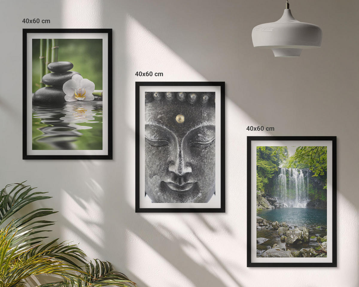 WANDBILDER 3er-Set - 40x60 cm Schwarzer Rahmen - Harmoniesteine Wasser Buddha - Schwarz, Kunststoff (40/60cm) - ArtPrintCave
