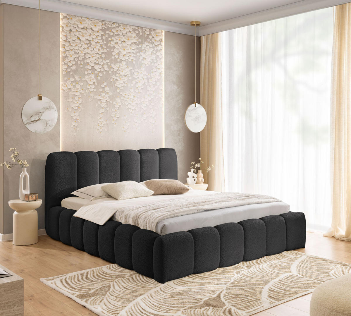 POLSTERBETT MIA mit Bettkasten 180x200,Bubble Bett,Doppelbett mit Stauraum,Lattenrost,Boxspringbett-Optik,ohne Matratze-Schwarz - Schwarz, Holz (180/200cm) - Furnistar