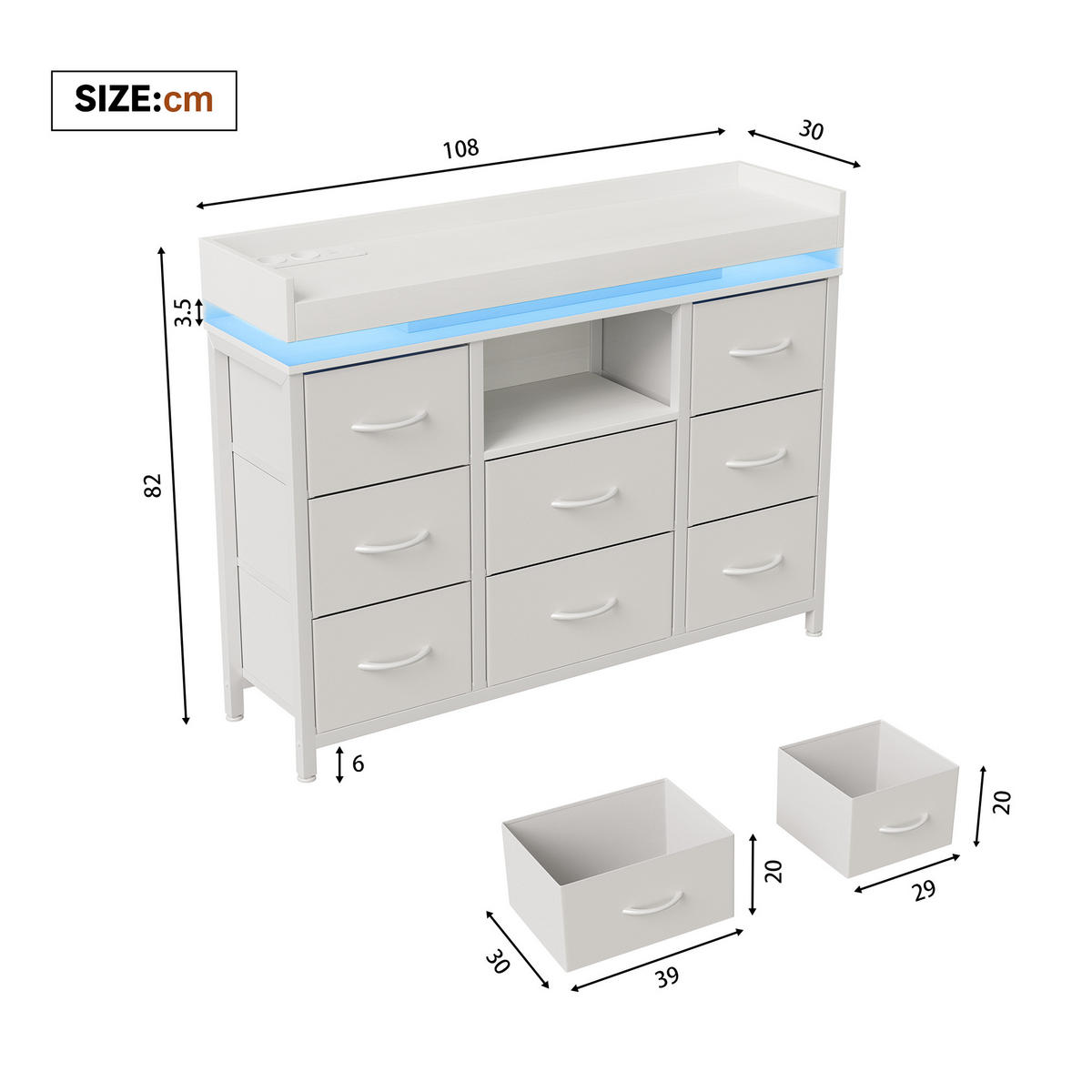KOMMODE 8 Stoffschubladen, LED, Steckdose, stabil, Stahlrahmen, Anti-Kipp, weiß - Weiß, Textil (108/82/30cm) - EuroLiving