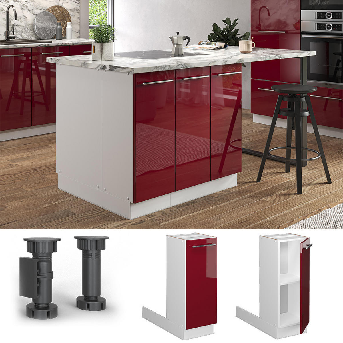 KÜCHENINSEL Fame-Line Bordeaux Hochglanz 30 cm ohne AP - Bordeaux/Weiß, Holzwerkstoff (30/82/70cm) - Vicco