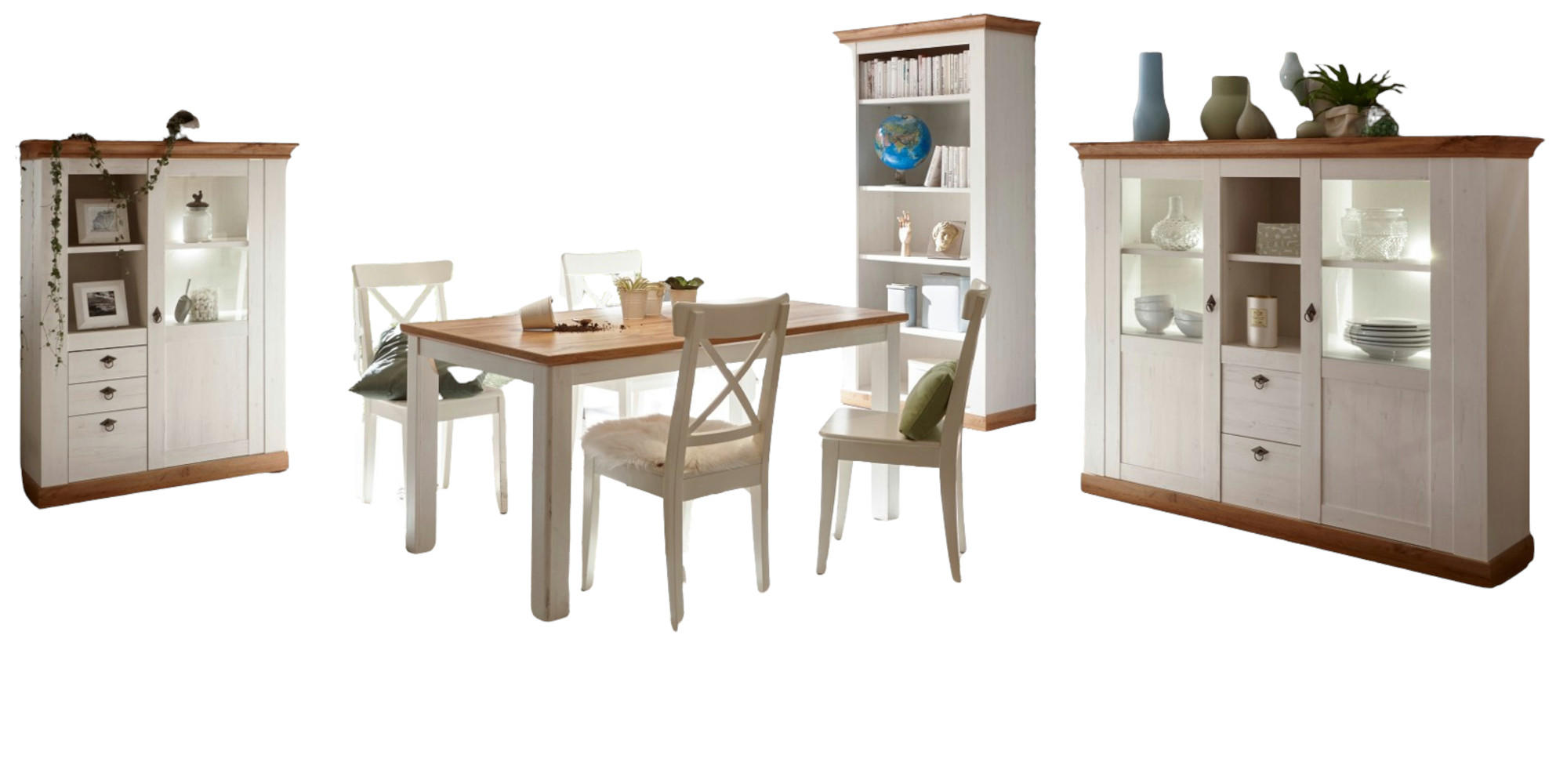 ESSZIMMER-SET weiß Pinie, Eiche Wotan, Landhaus - Eiche Wotan/Weiß, Holzwerkstoff (158/202/88cm) - Furn.Design