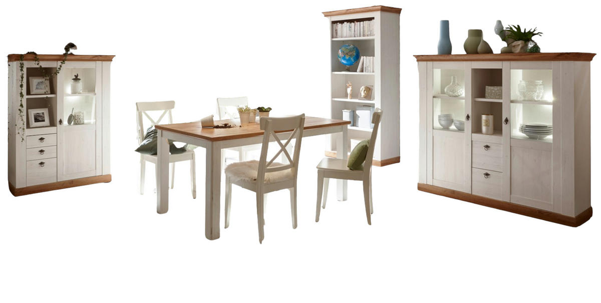 ESSZIMMER-SET weiß Pinie, Eiche Wotan, Landhaus - Eiche Wotan/Weiß, Holzwerkstoff (158/202/88cm) - Furn.Design