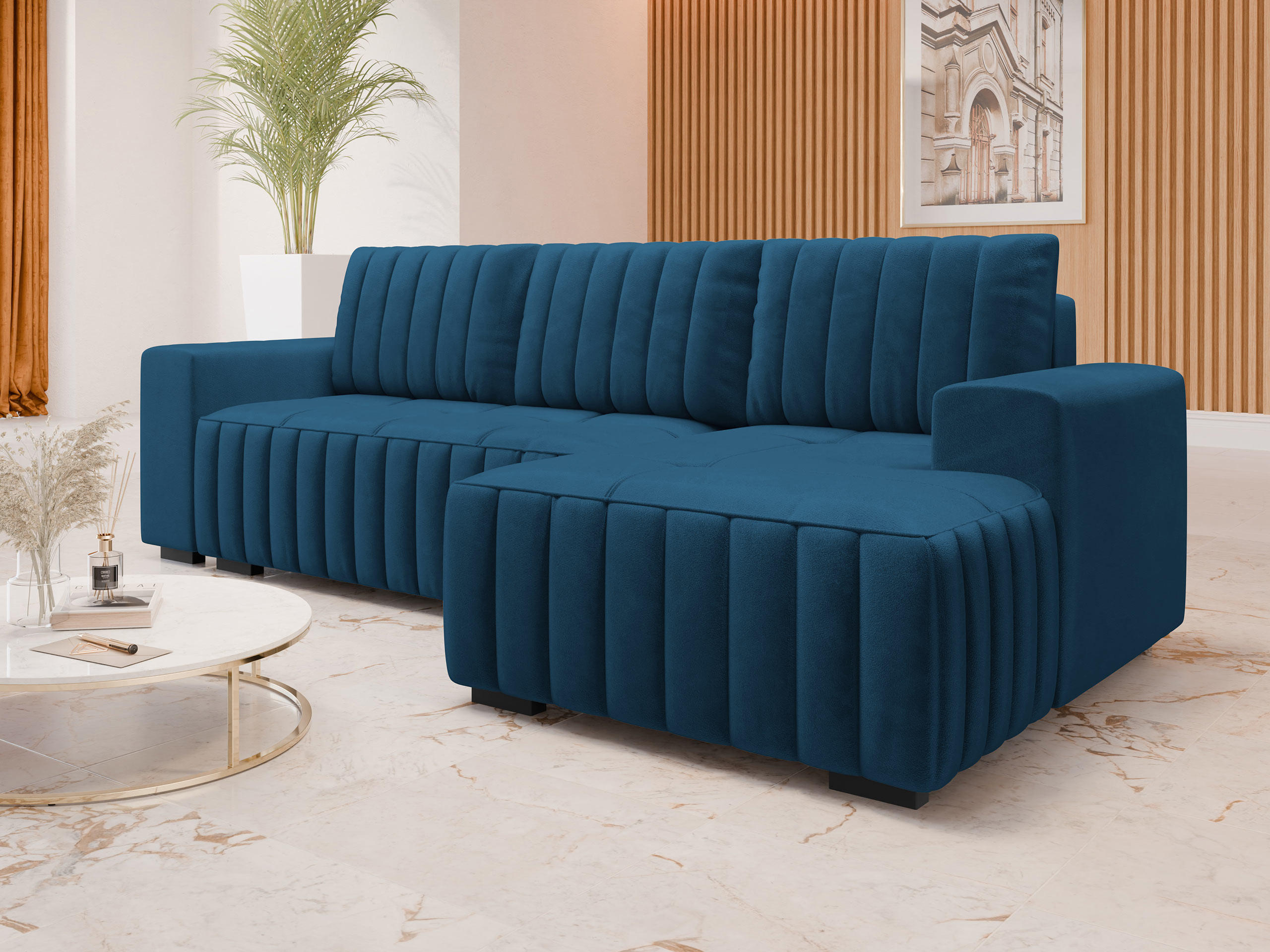 ECKSOFA Hugo, Seite: Rechts - Blau/Dunkelbraun, Holz/Textil (240/140cm)