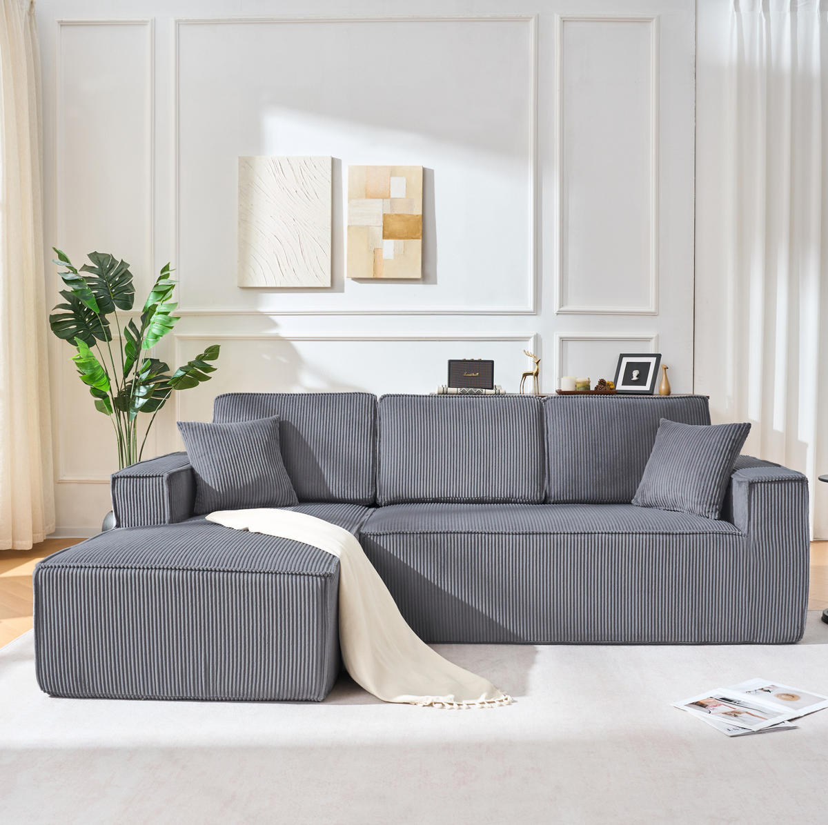 ECKSOFA 235/128/60 cm grau aus Cord mit Chaiselongue - Grau, Textil (128/235cm) - OKWISH