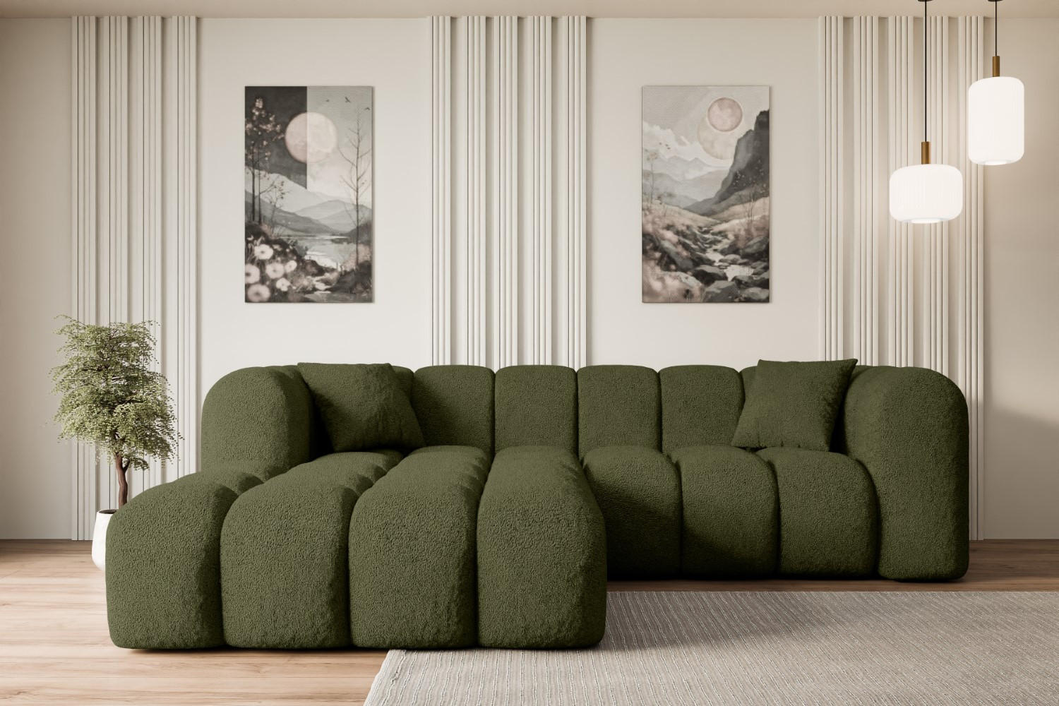 ECKSOFA Ottomane Links OLEA-L1 - 231x173x74 cm Grün Bouclé - Schwarz/Grün, Holzwerkstoff/Kunststoff (190/242cm) - ALTDECOR