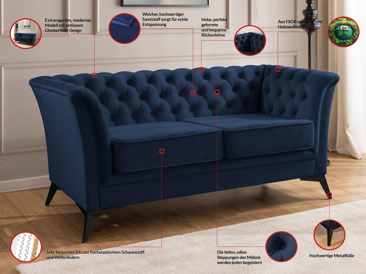 SITZGARNITUR 3+2 Chesterfield Whitby Marineblau Samt mit schwarzen Füßen - Blau/Schwarz, Holz/Textil (237/78/82cm) - S-Style Möbel