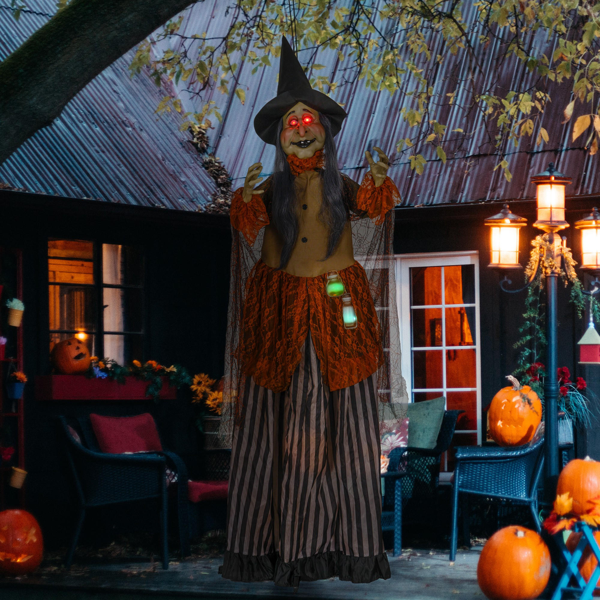 HALLOWEEN DECORATIONS 183cm Halloween-Hexe mit LED-Lichter, Soundfunktion - Schwarz, Kunststoff/Metall (60/183/18cm) - HOMCOM