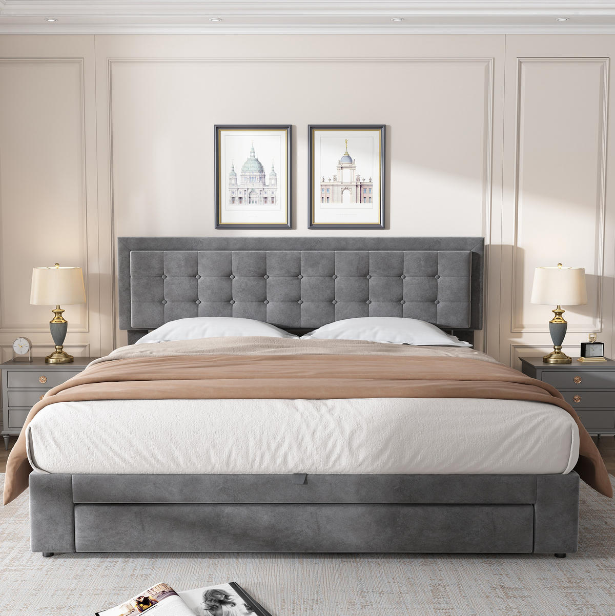 BETT mit Stauraum 160x200 cm Samt Grau - Grau, Metall (160/200cm) - Meubliv