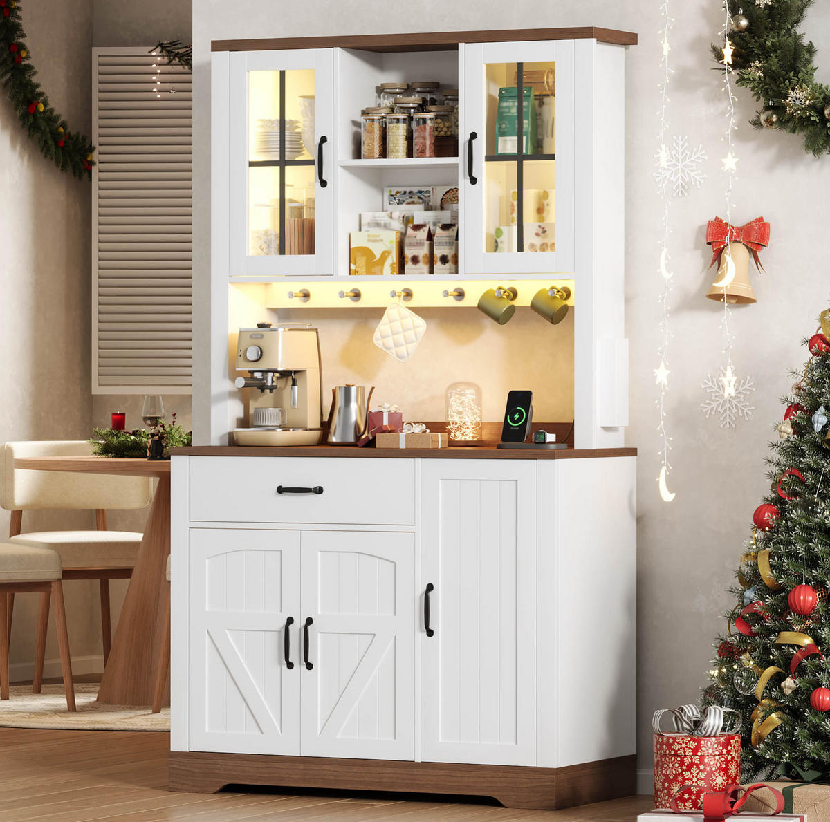 BUFFET aus MDF 105x40x185 cm Natur/Weiß mit LED-Beleuchtung, Steckdosenmodul und verstellbaren Einlegeböden - Naturfarben, Holzwerkstoff (105/185/40cm) - Modfu