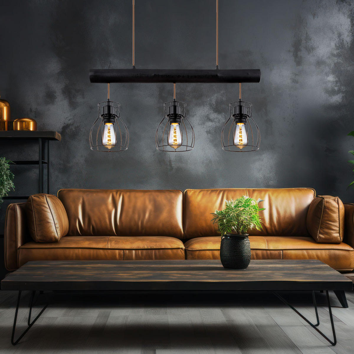 PENDELLAMPE Holz Schwarz Metallgitter - Schwarz, Holz (60/13.6/140cm) - Globo Lighting