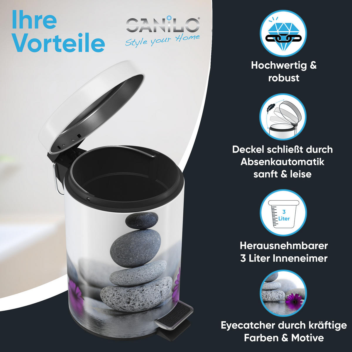 KOSMETIKEIMER Energy Stones - Violett/Schwarz, Kunststoff/Metall (17/25/25cm) - Sanilo