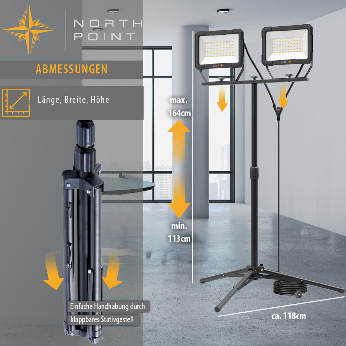 LED-DOPPELBAUSTRAHLER - 2x100W mit Stativ für Innen- und Außenbeleuchtung, 2er-Set - Schwarz, Metall (118/118/164cm) - Northpoint