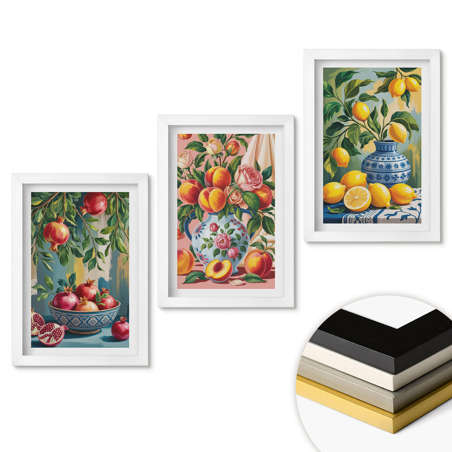 WANDBILDER 3er-Set - 20x30 cm Weißer Rahmen - Fruchtzusammensetzung von Granatäpfeln - Weiß, Kunststoff (20/30cm) - ArtPrintCave