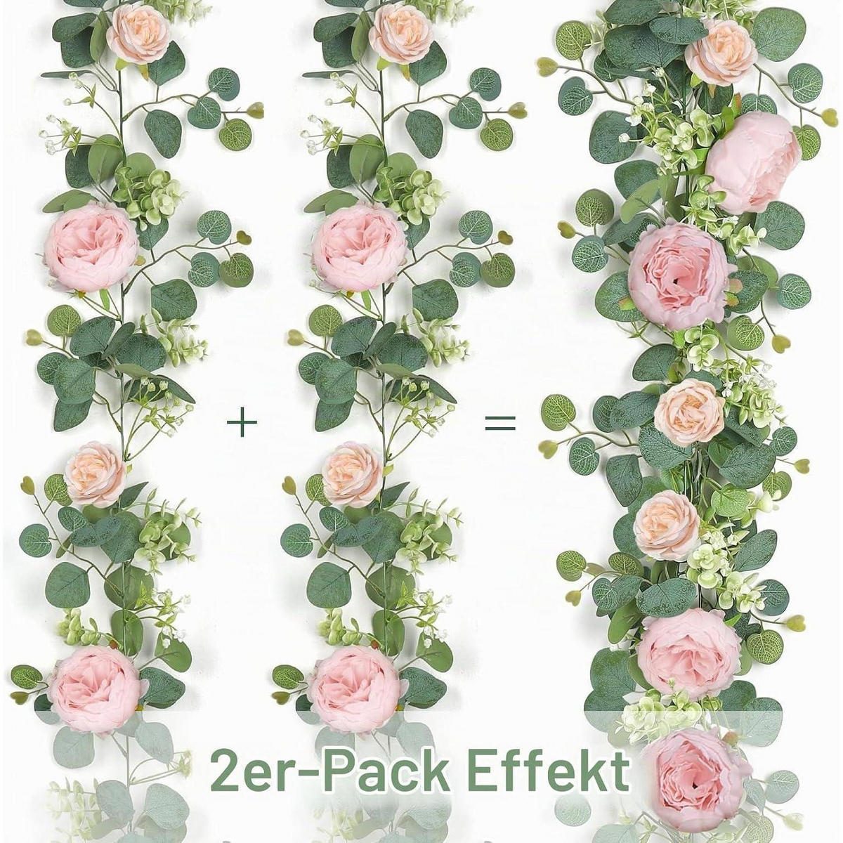 KÜNSTLICHE Blumengirlande Eukalyptus Pfingstrose 200 cm Hellrosa 2-teiliges Set - Rosa, Textil (10cm)