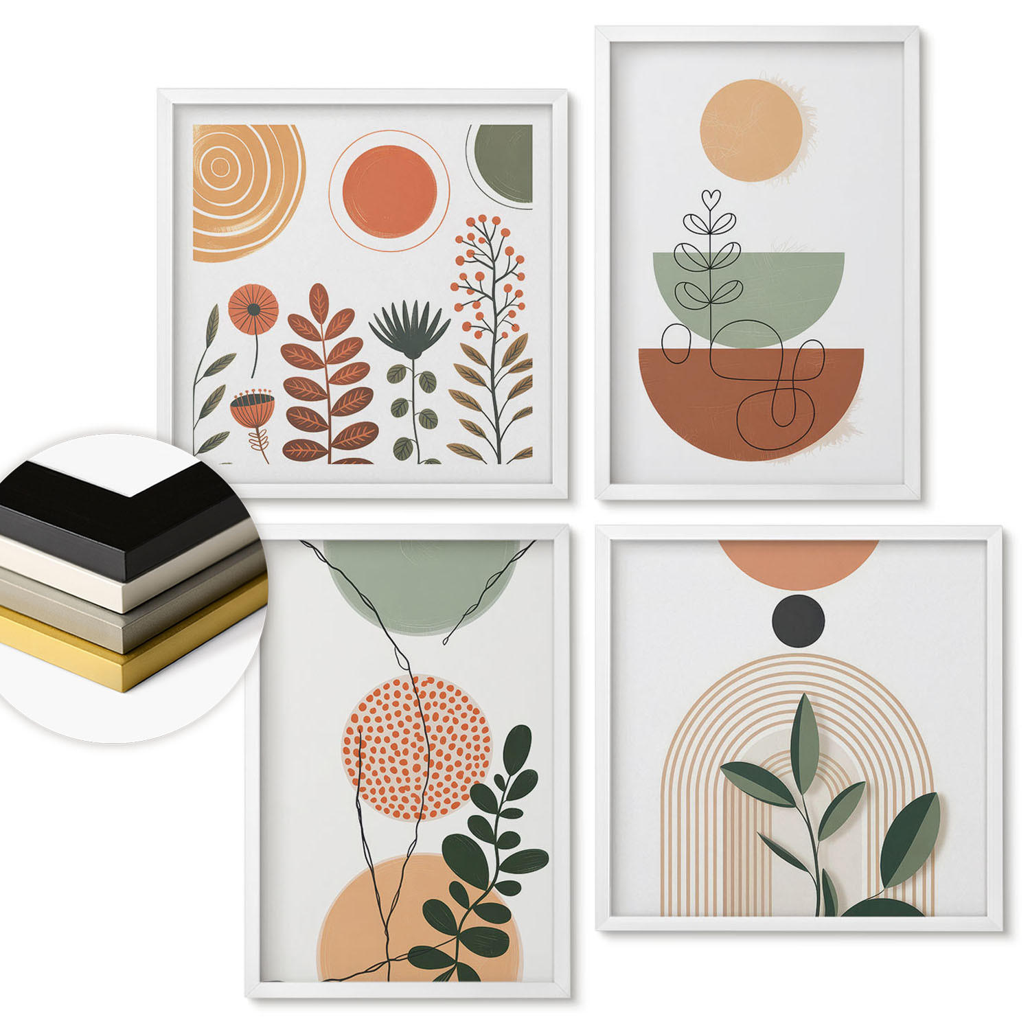 WANDBILDER 4er-Set - 50x50 cm & 40x60 cm Weißer Rahmen - Abstrakte Pflanzenformen - Weiß, Kunststoff (50/50cm) - ArtPrintCave