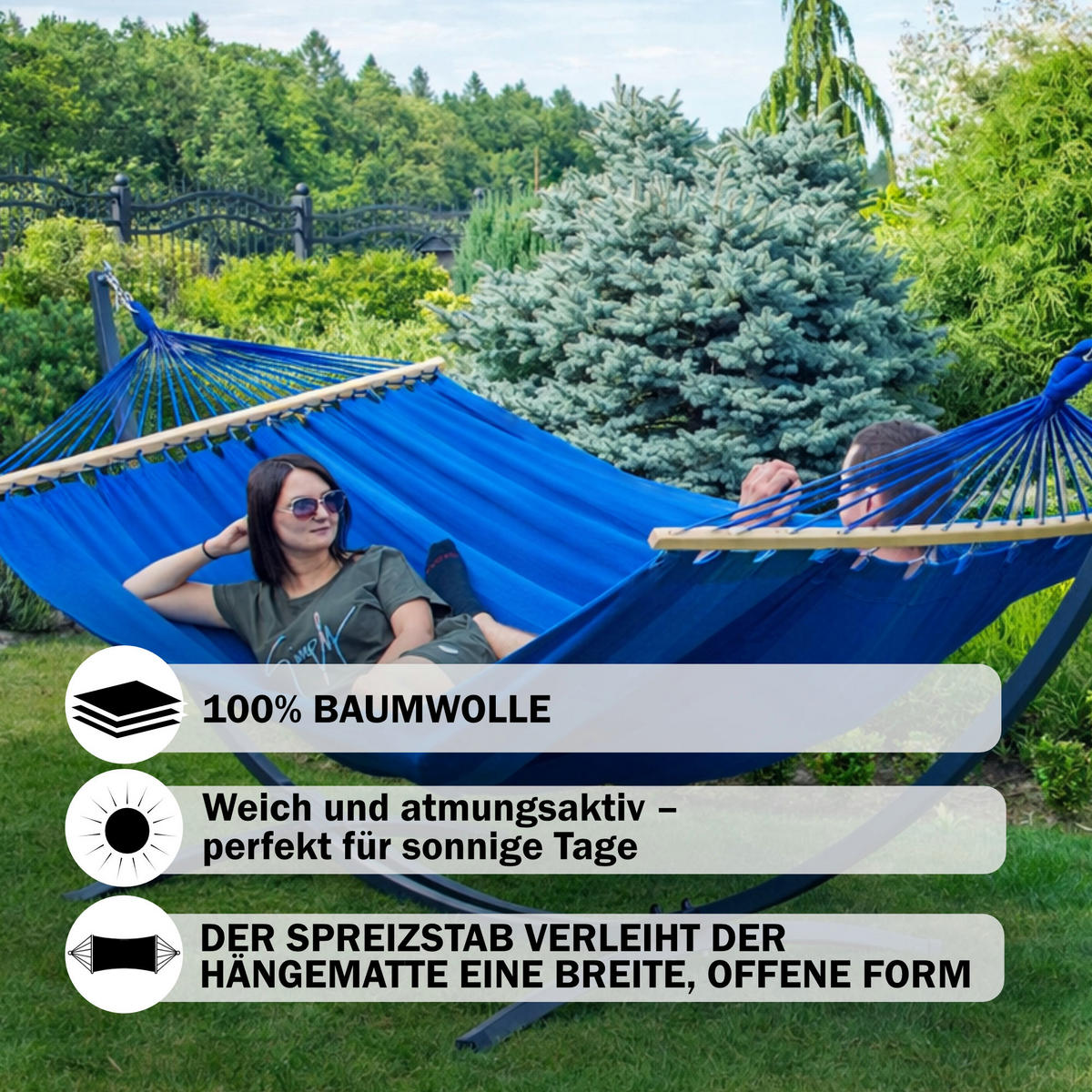 HÄNGEMATTE mit Gestell, 2 Personen, Stabhängematte, XXL, 200 kg, Metall, Grün, einfache Montage - Grün, Metall (370/130/120cm) - Potenza