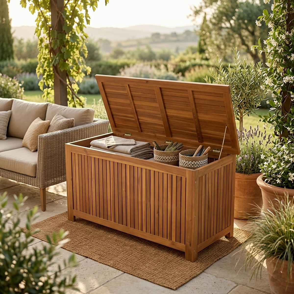 AUFLAGENBOX Ellesmere - 117x50x58,5cm, Akazie geölt - Braun, Holz (117/50/58.5cm) - TPFGarden