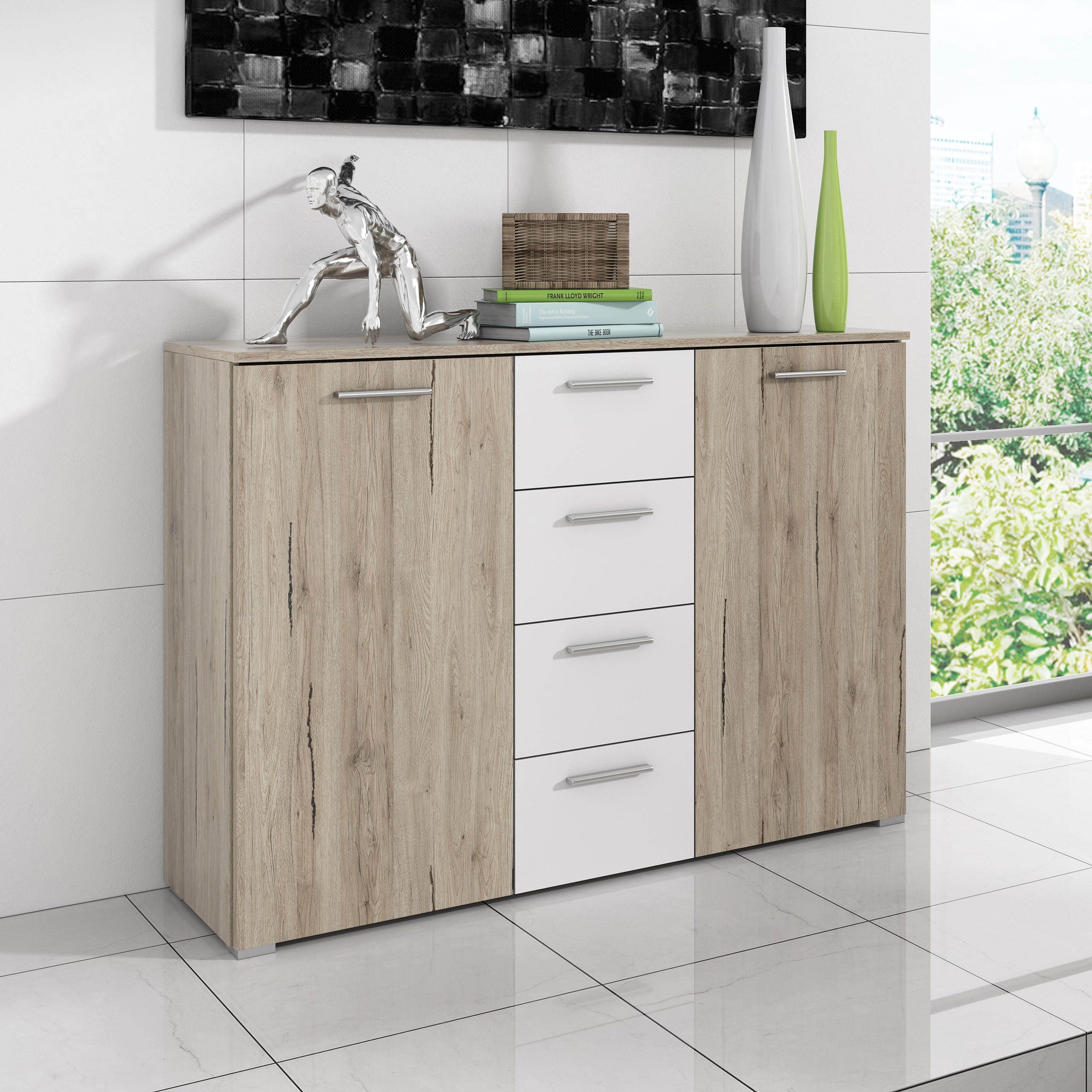 SIDEBOARD BETTINA 132/94/38 cm mit 4 Schubladen und 2 Türen Eiche San Remo - Weiß/Eiche San Remo, Holzwerkstoff (132/94/38cm) - MASSENO