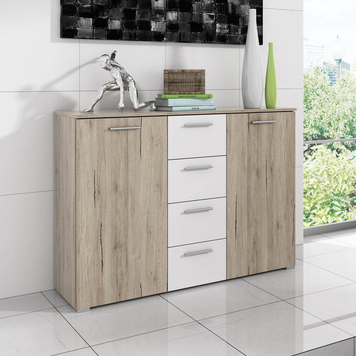 SIDEBOARD BETTINA 132/94/38 cm mit 4 Schubladen und 2 Türen Eiche San Remo - Weiß/Eiche San Remo, Holzwerkstoff (132/94cm) - MASSENO