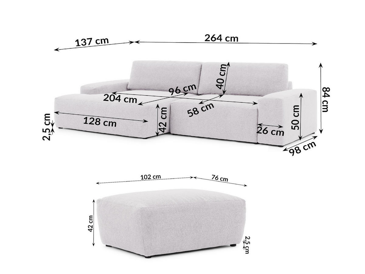 ECKSOFA inkl. Hocker Lennon aus Greige Strukturstoff mit Schlaffunktion und Bettkasten - Greige/Schwarz, Holz/Kunststoff (137/264cm) - S-Style