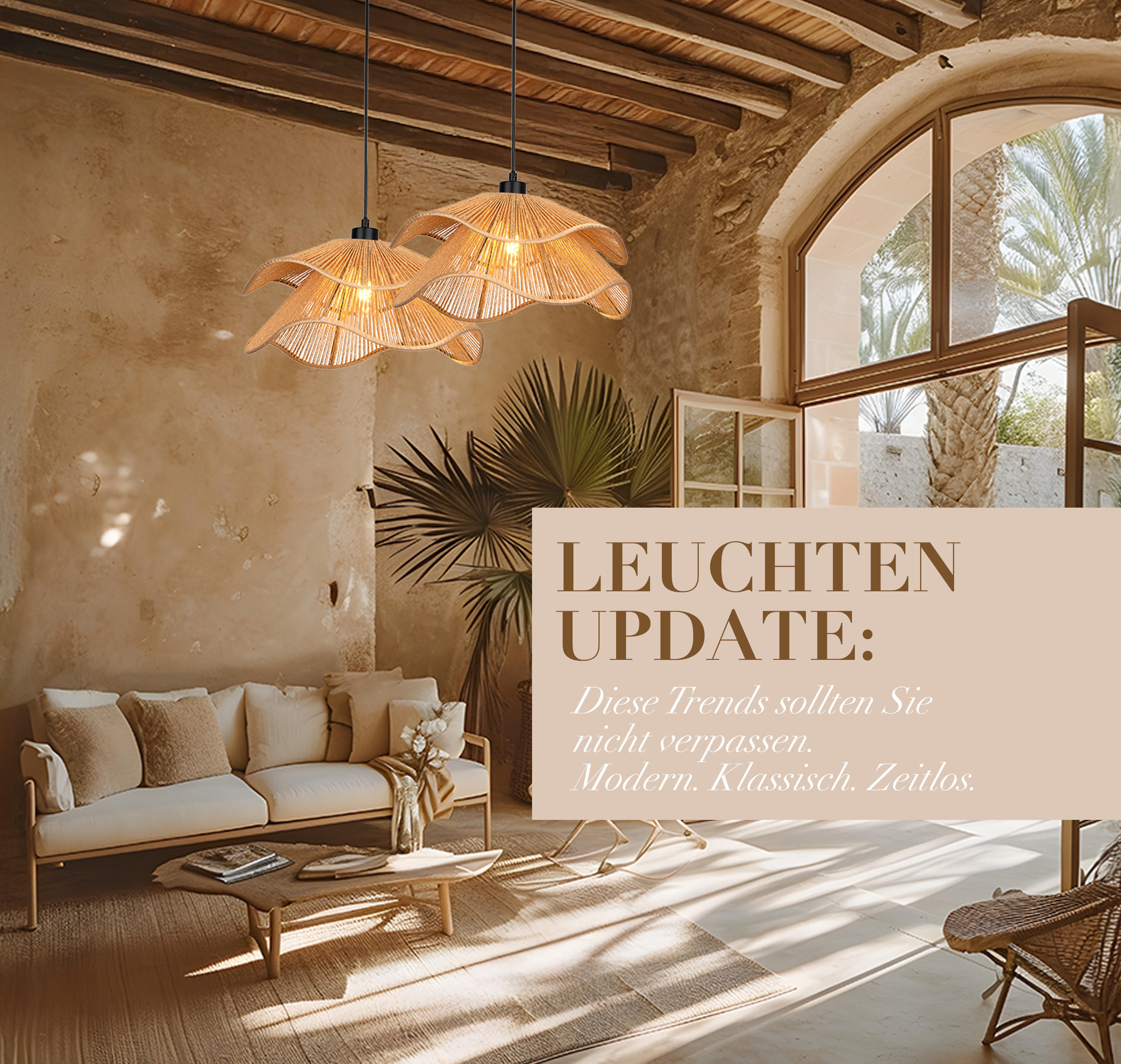Wohnzimmer einer Finka im sommerlichen Look. Leuchten Update: Diese Trends sollten Sie nicht verpassen. Modern. Klassisch. Zeitlos.
