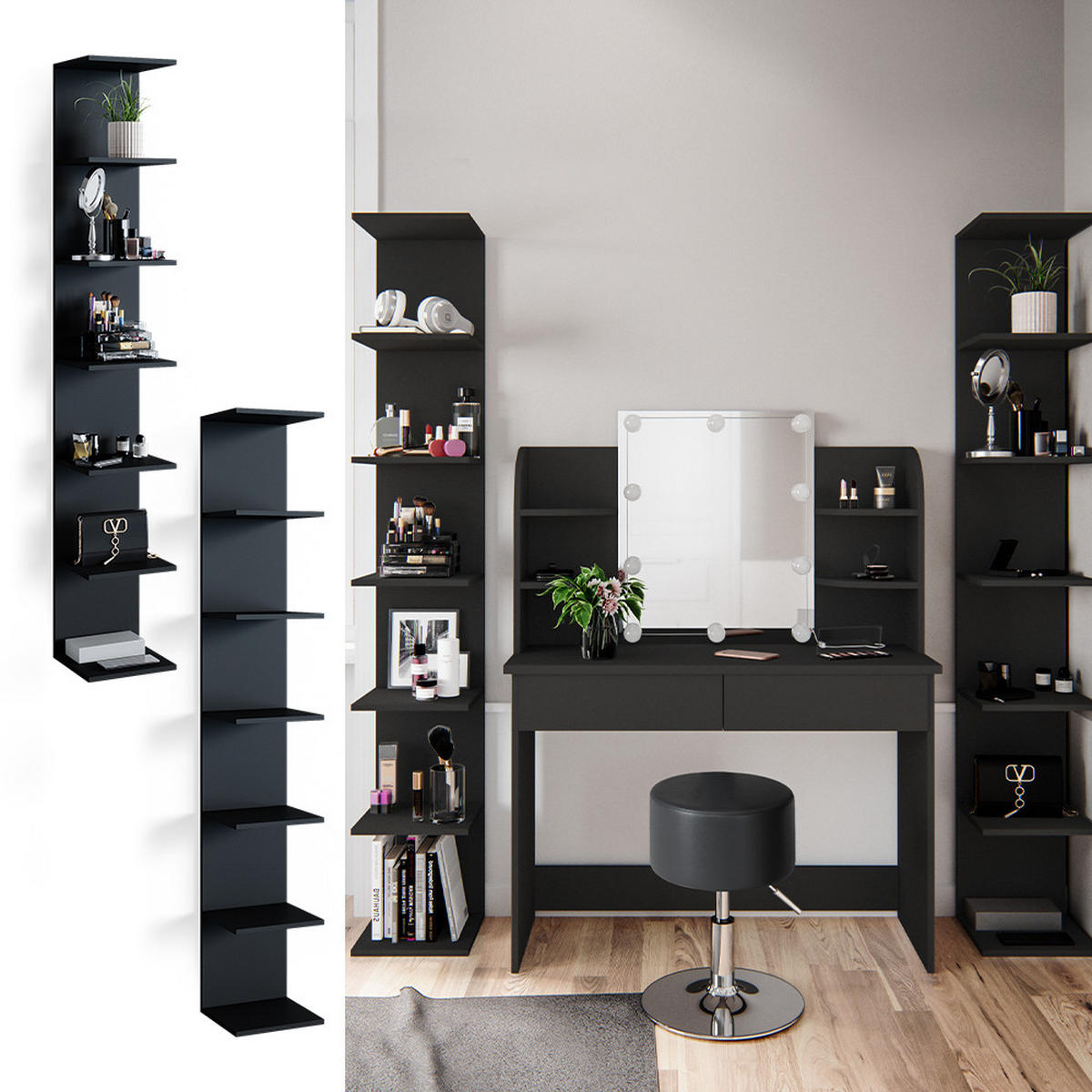 WANDREGAL Paolo Schwarz 30 x 190 cm 2er Set - Schwarz, Holzwerkstoff (30/190/28cm) - Vicco