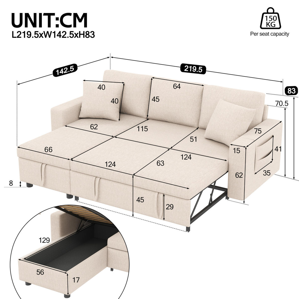 SCHLAFSOFA Leinen mit Stauraum und wechselbarer Chaiselongue Beige 219,5/142,5/83 cm - Beige, Textil (83/219.5/142.5cm) - Redom