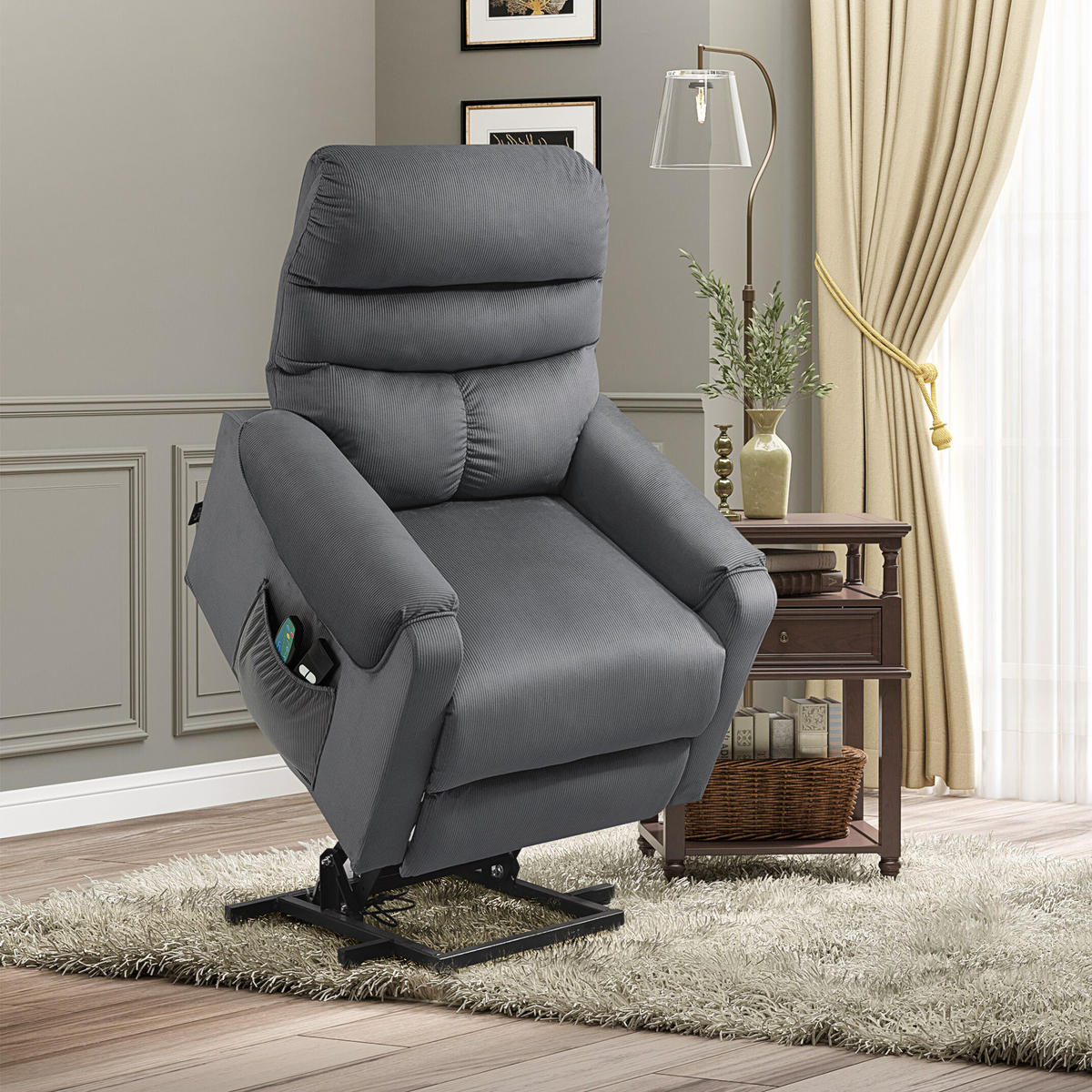 FERNSEHSESSEL Sessel mit Aufstehhilfe mit Massagefunktion Heizung Dunkelgrau - Dunkelgrau/Schwarz, Textil/Metall (97/103/79cm) - HOMCOM