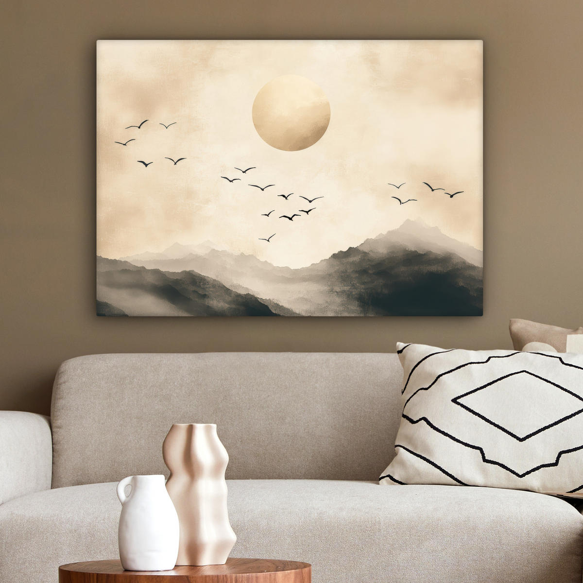 LEINWANDBILD Landschaft - Japandi - Vogel Wandbilder 80x60 cm - Beige, Textil (80/60cm) - MuchoWow