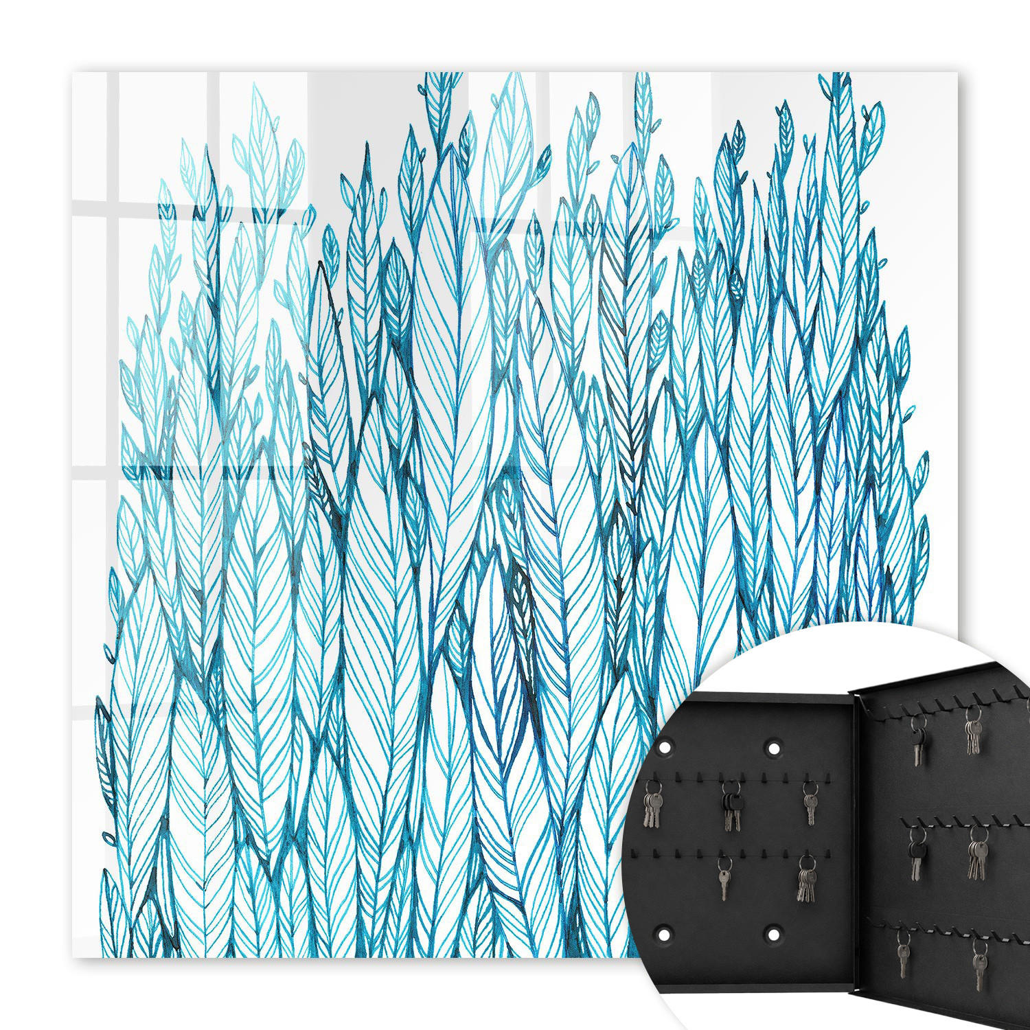 SCHLÜSSELBOX Schwarz 30x30 cm- Türöffnung nach rechts - Laubige Eleganz - Blau, Metall (30/30/5cm) - TULUP