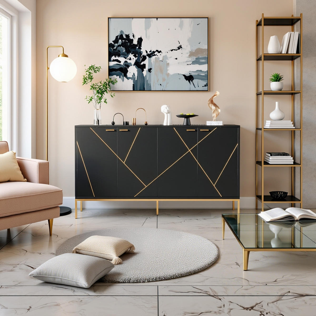SIDEBOARD Schwarz mit Goldenen Akzenten, 150/40/80cm - Buchefarben, Holzwerkstoff (150/80/40cm) - Urban Meuble