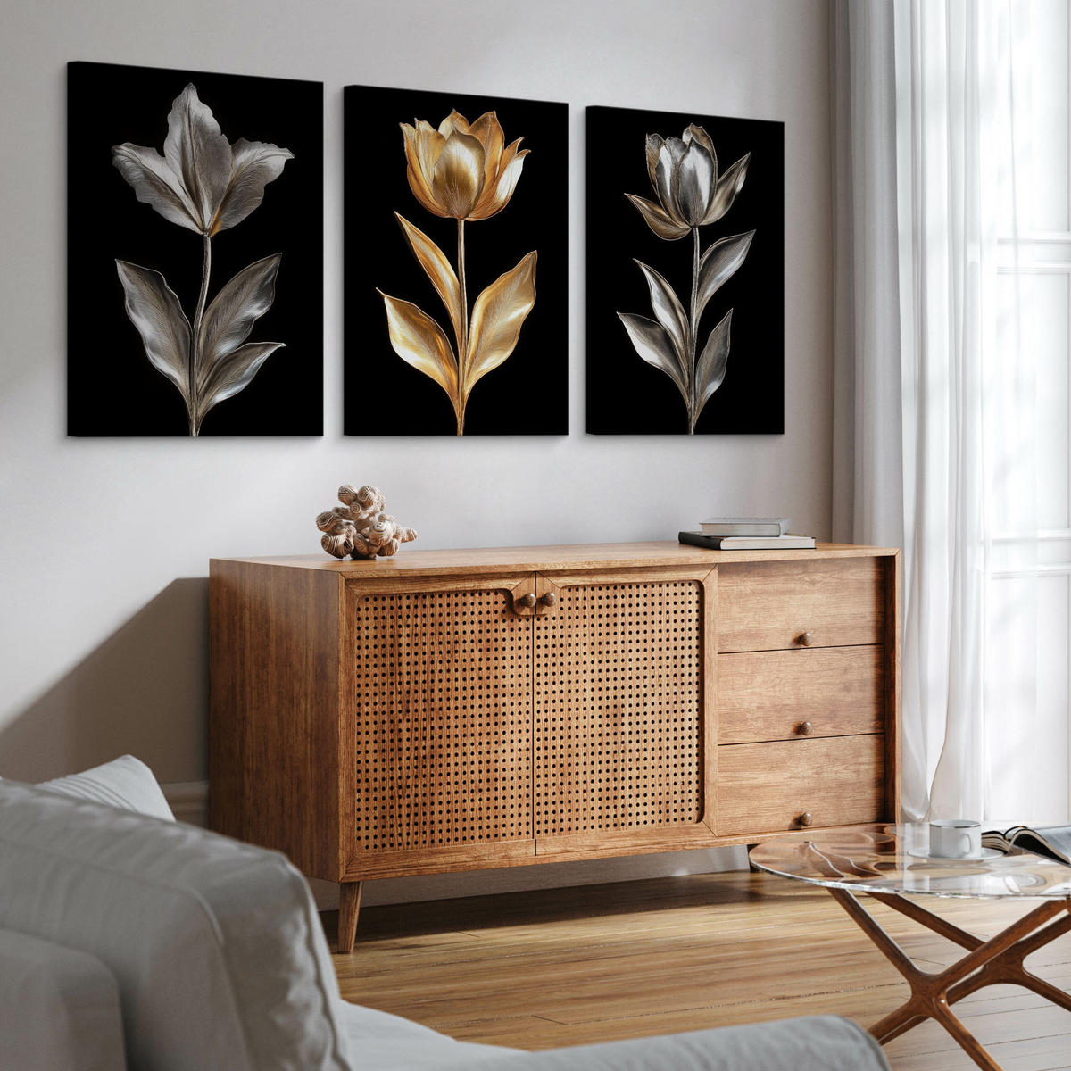 LEINWANDBILDER 3-es Set Abstrakt Blumen - Beige/Schwarz, Textil (90/40cm) - Muralo