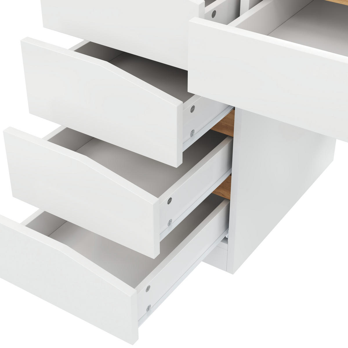 SCHREIBTISCH Weiß/Eichefarben 140/50/78 cm mit 5 Schubladen und großer Arbeitsfläche - Weiß, Holzwerkstoff (50/140/78cm) - PANGIVO