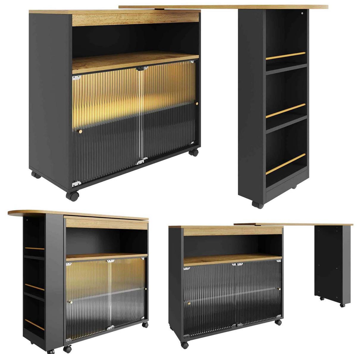 BAROVÝ stůl 138-204/39/105 cm černý z MDF s LED osvětlením a úložným prostorem - černá, kompozitní dřevo (39/204/105cm) - OKWISH