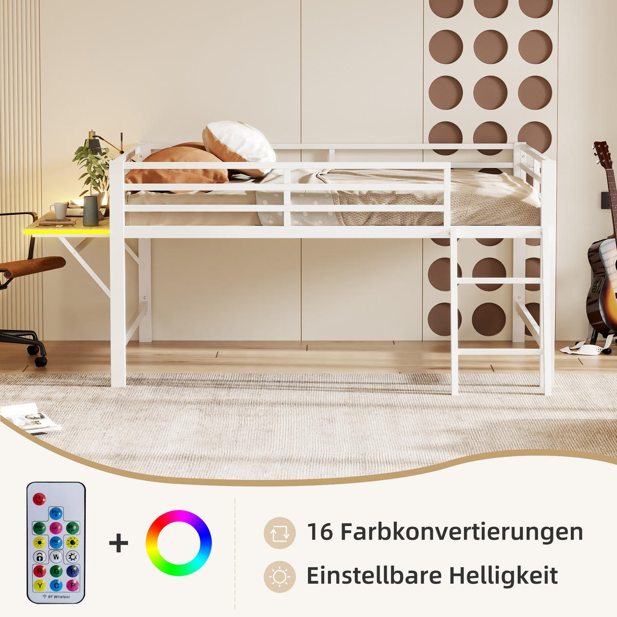 FLACHBETT 140x200cm Weiß Metall Geländer Schreibtisch LED-Licht - Weiß, Metall (140/200cm) - FLIEKS