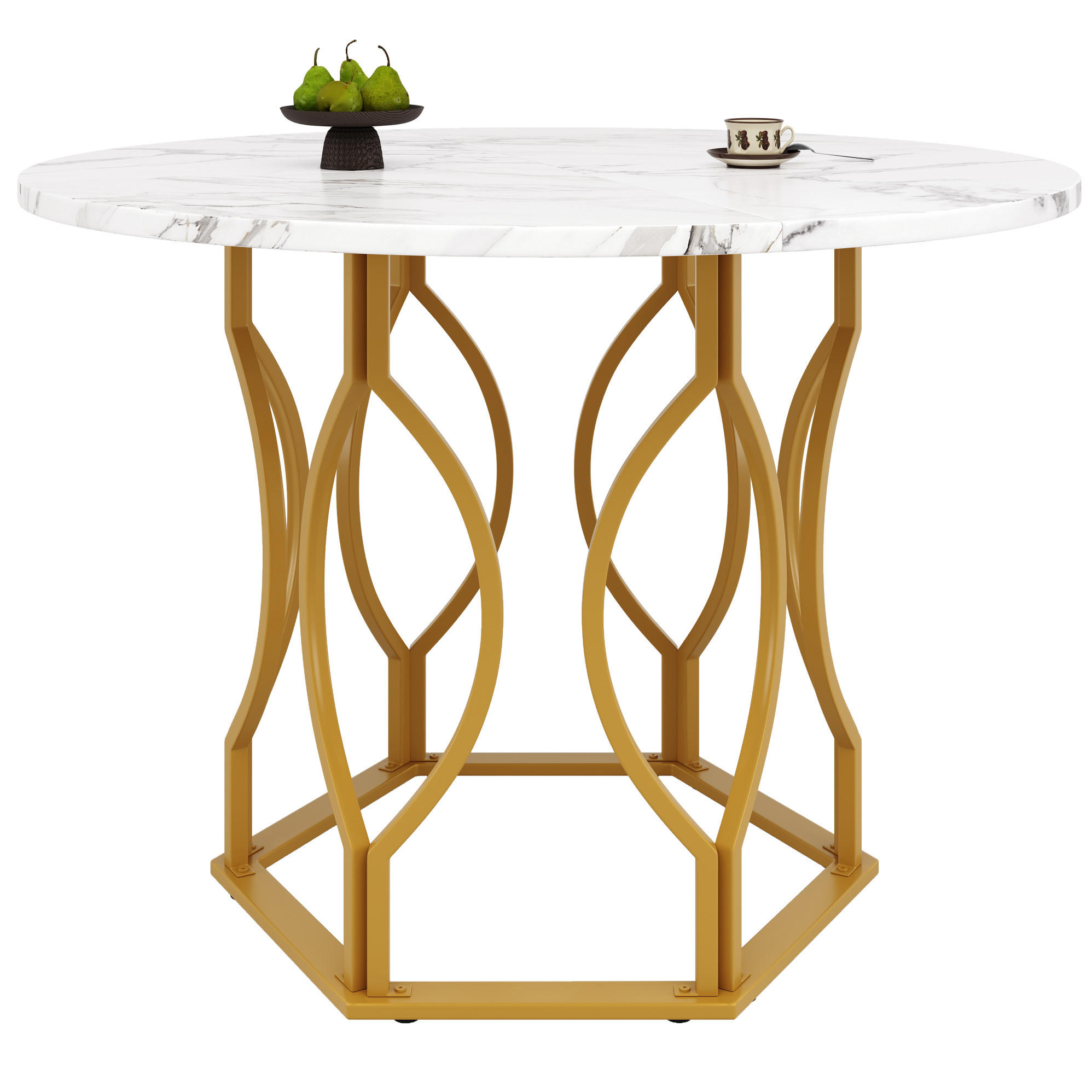 Modfu KULATÝ jídelní stůl 100x100x76 cm bílý a zlatý z MDF a kovu s nastavitelnými nožkami