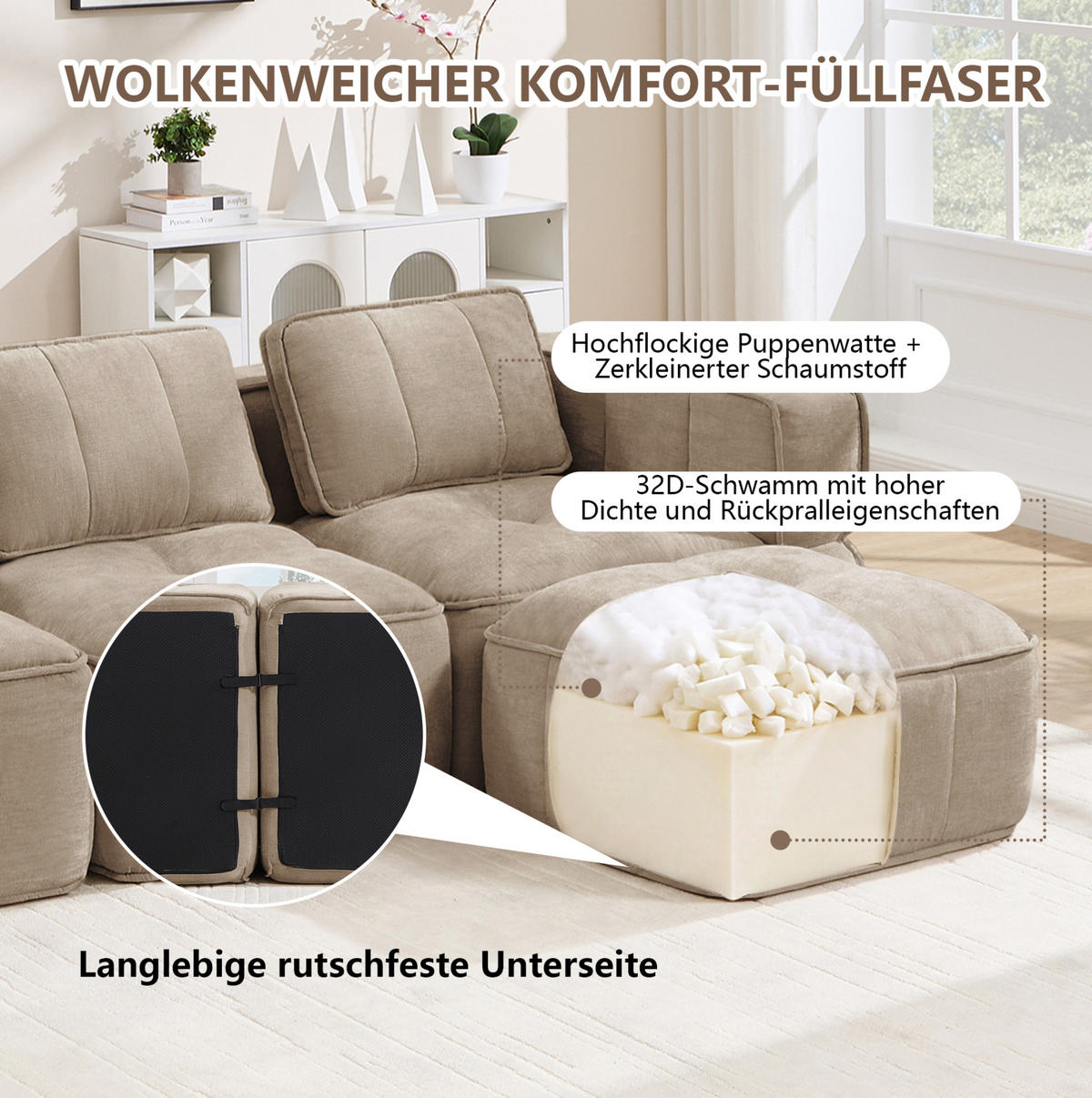 SOFA 198/93/67 cm in Sand mit modularer Form und tiefer Sitzfläche - Sandfarben, Kunststoff (93/67/198cm) - Flora Grace